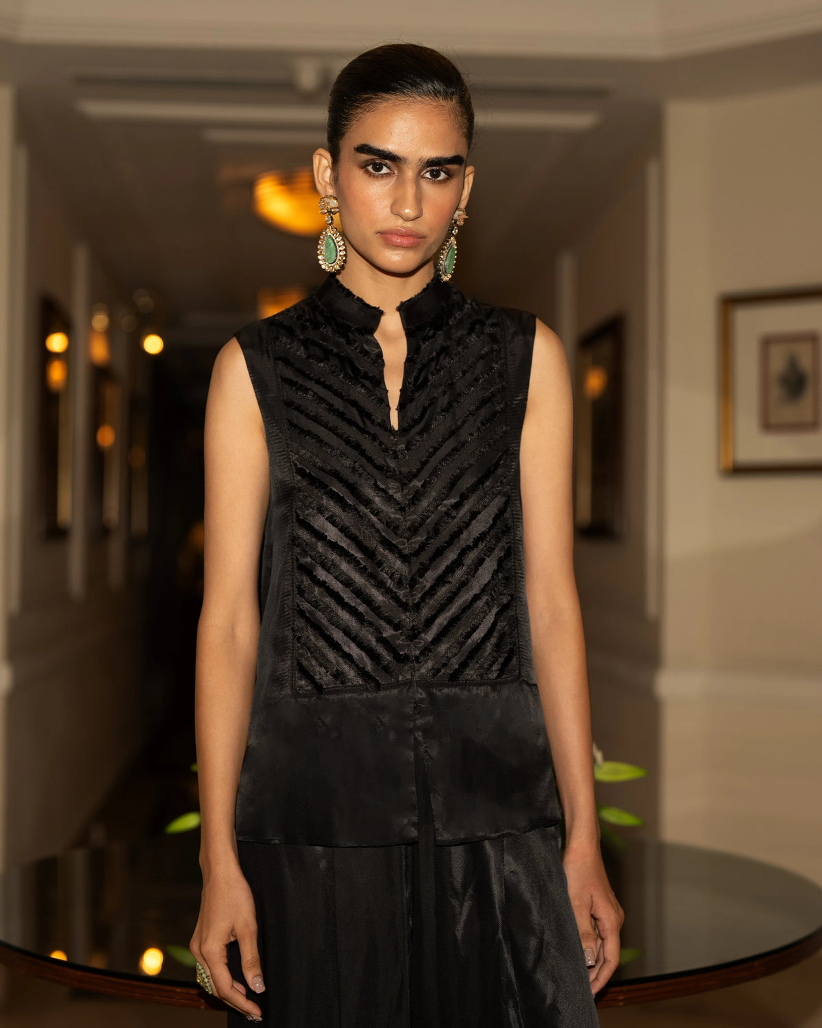 Black Textured Waistcoat Pant Set