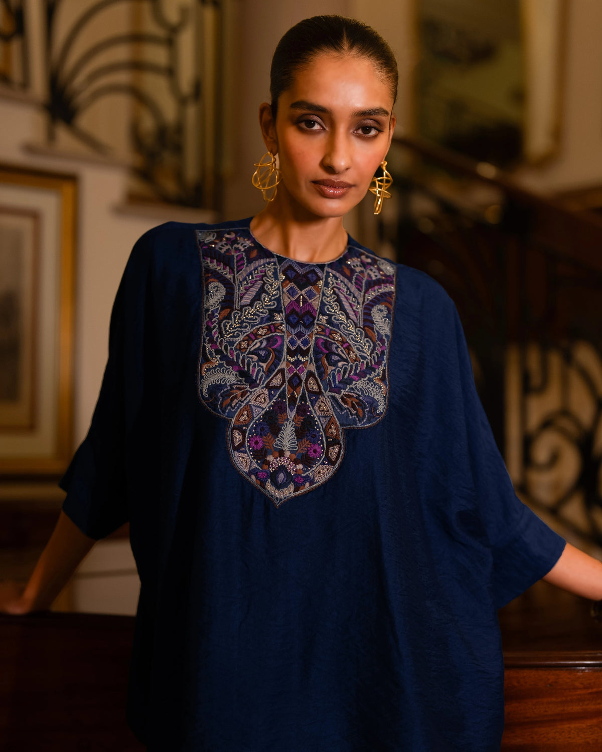 Navy Tapestry Print Kaftan Dress