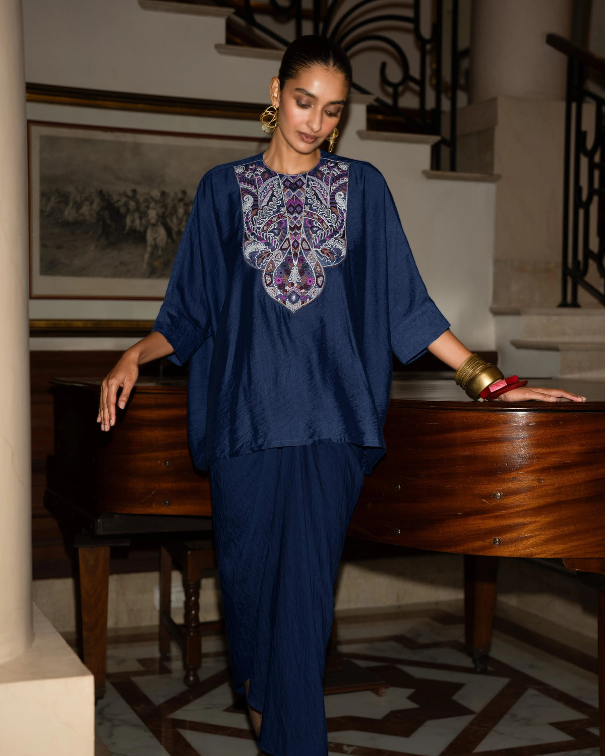 Cobalt Embroidered Drape Skirt Set