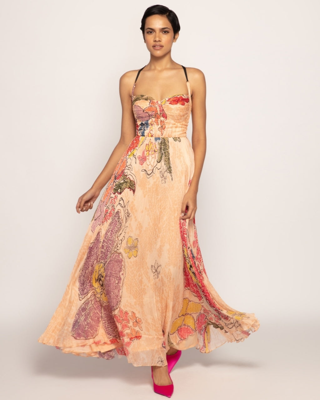 Peach Periwinkle Bandhani Print With Micro Pleat Maxi Dress