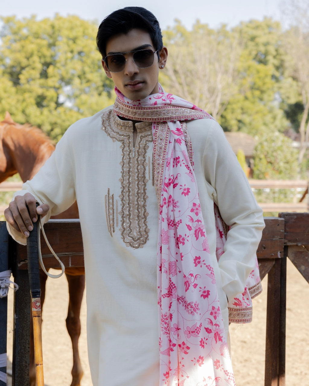 Ivory Kurta With Printed Dushalla Set