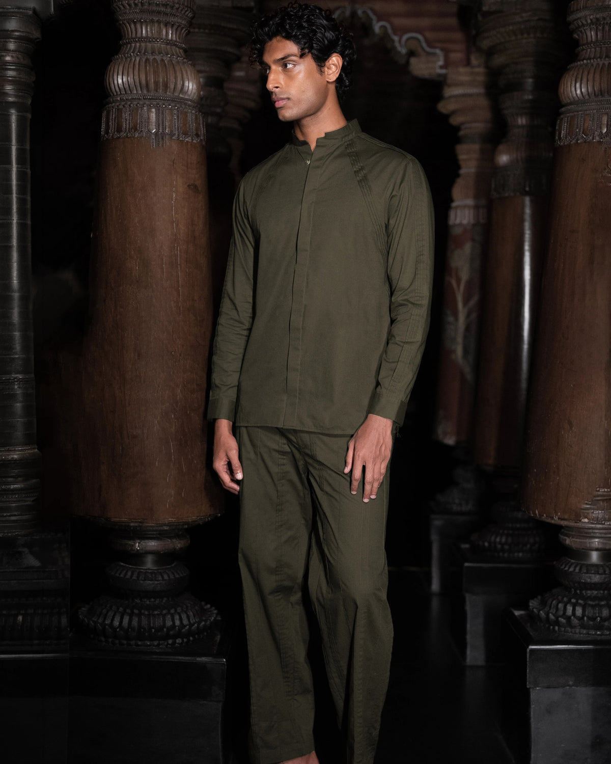 Olive Pintuck Shirt Set