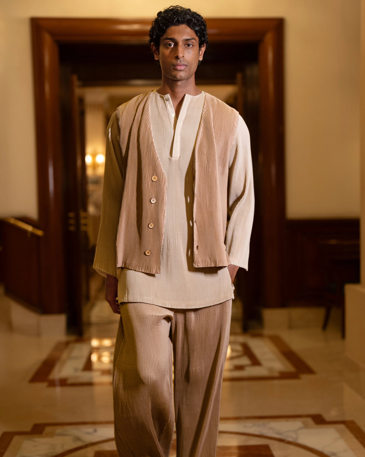 Sand Pleated Bandi Three-Piece Set