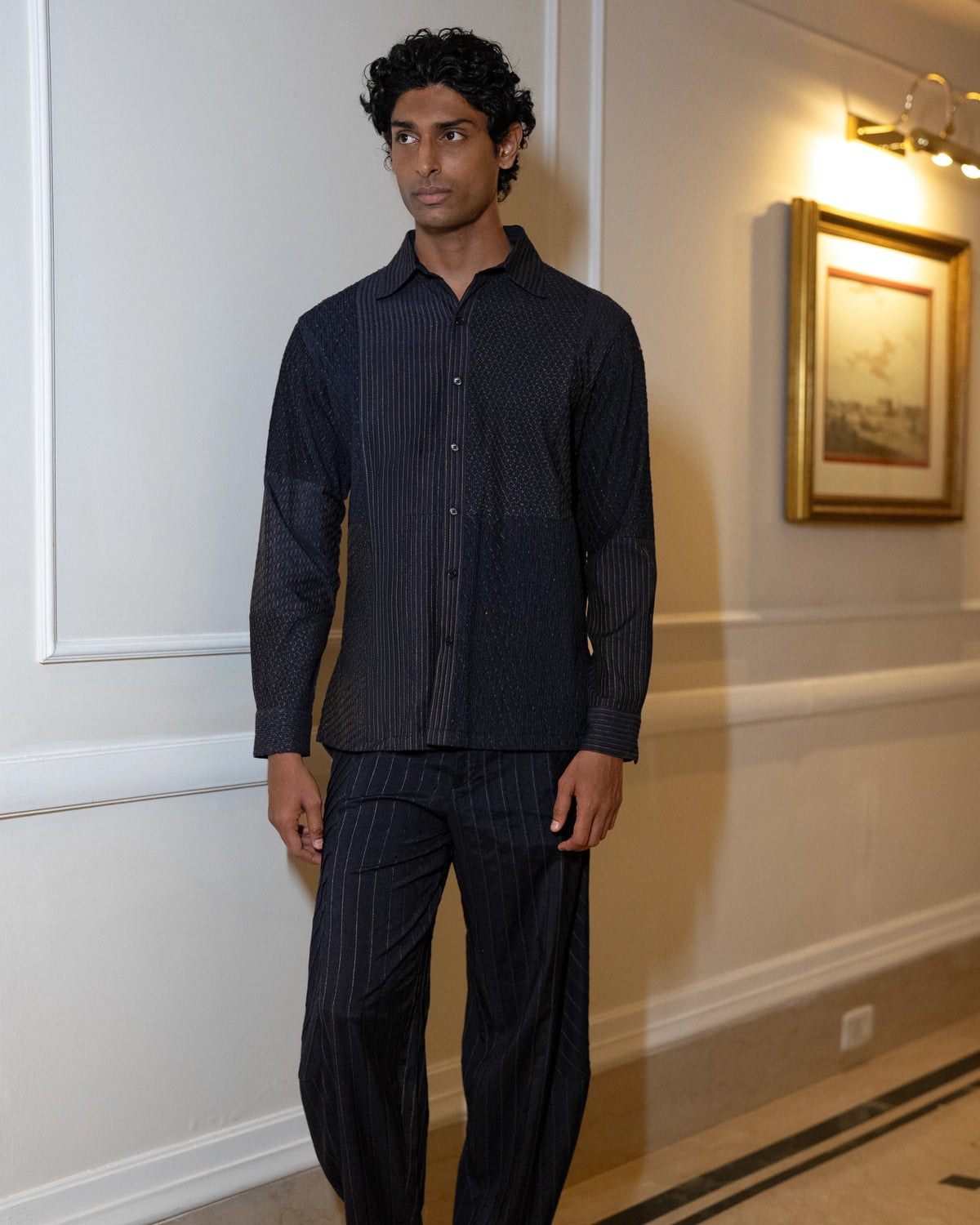 Navy Textured Pintuck Shirt & Pants