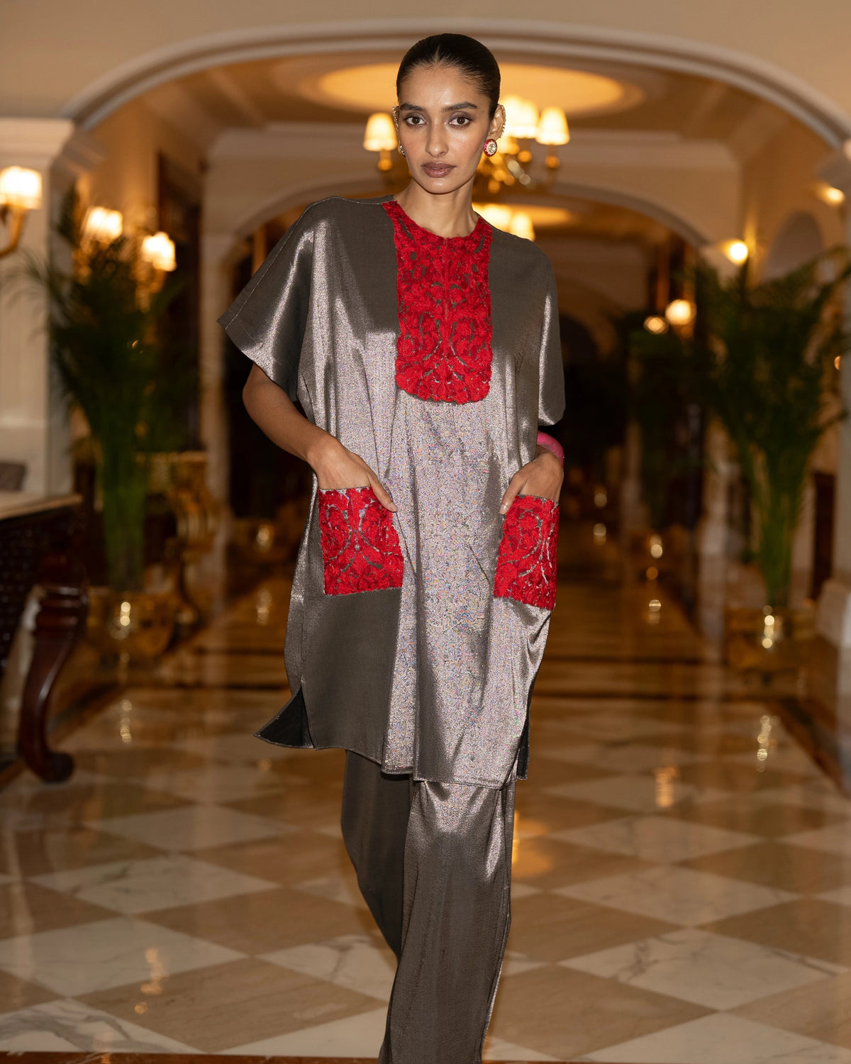Pewter Embroidered Tissue Pant Set