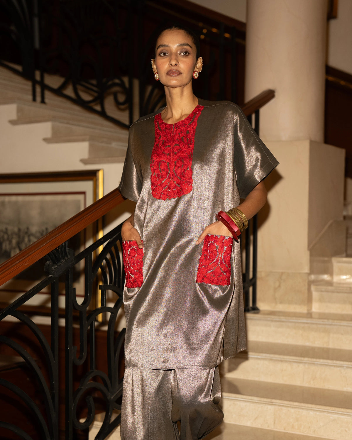 Pewter Embroidered Tissue Pant Set