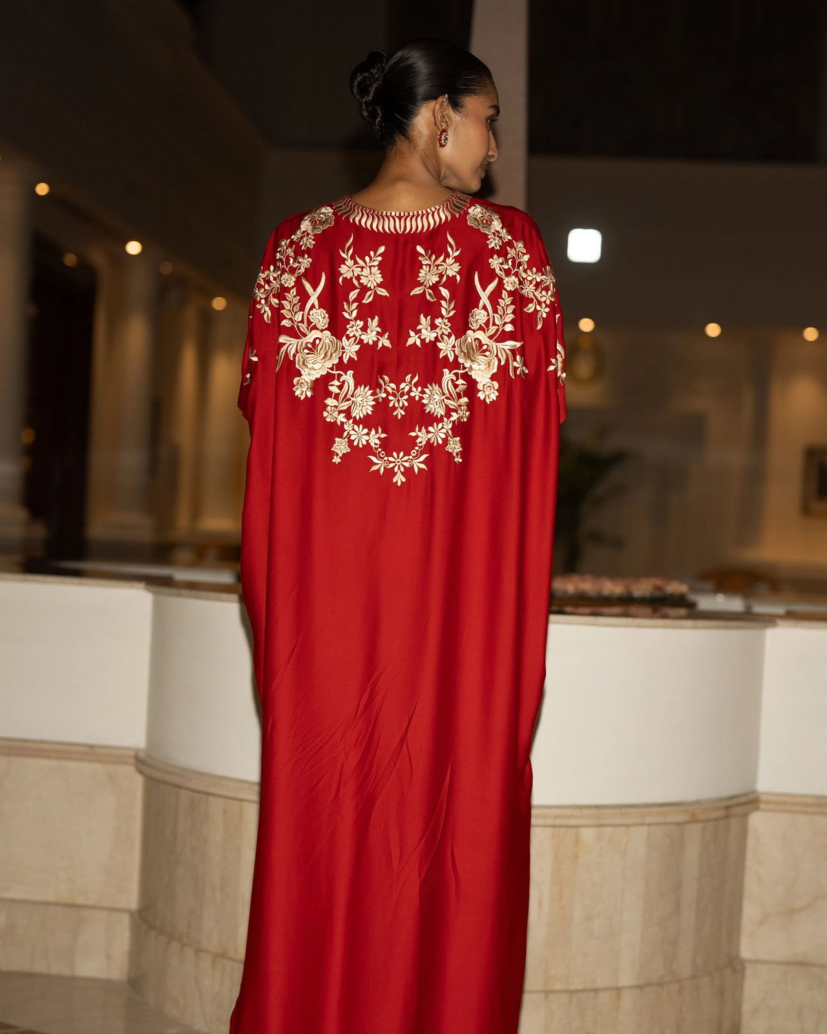 Red Gara Embroidered Kaftan Dress