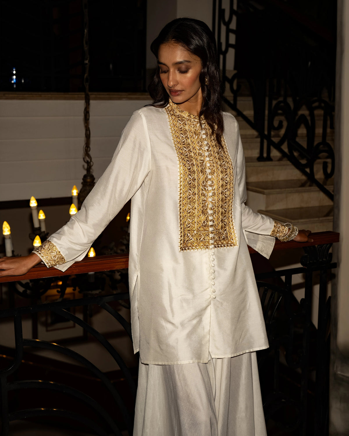 Ivory Embroidered Culotte Pant Set