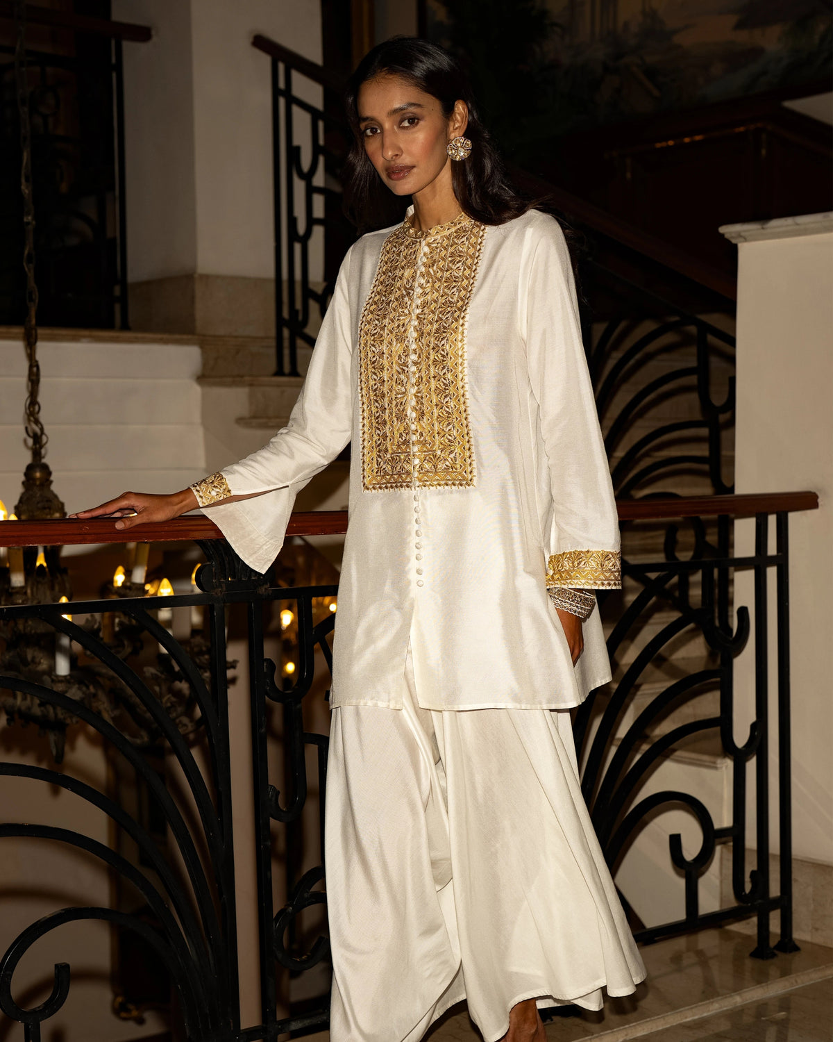 Ivory Embroidered Culotte Pant Set