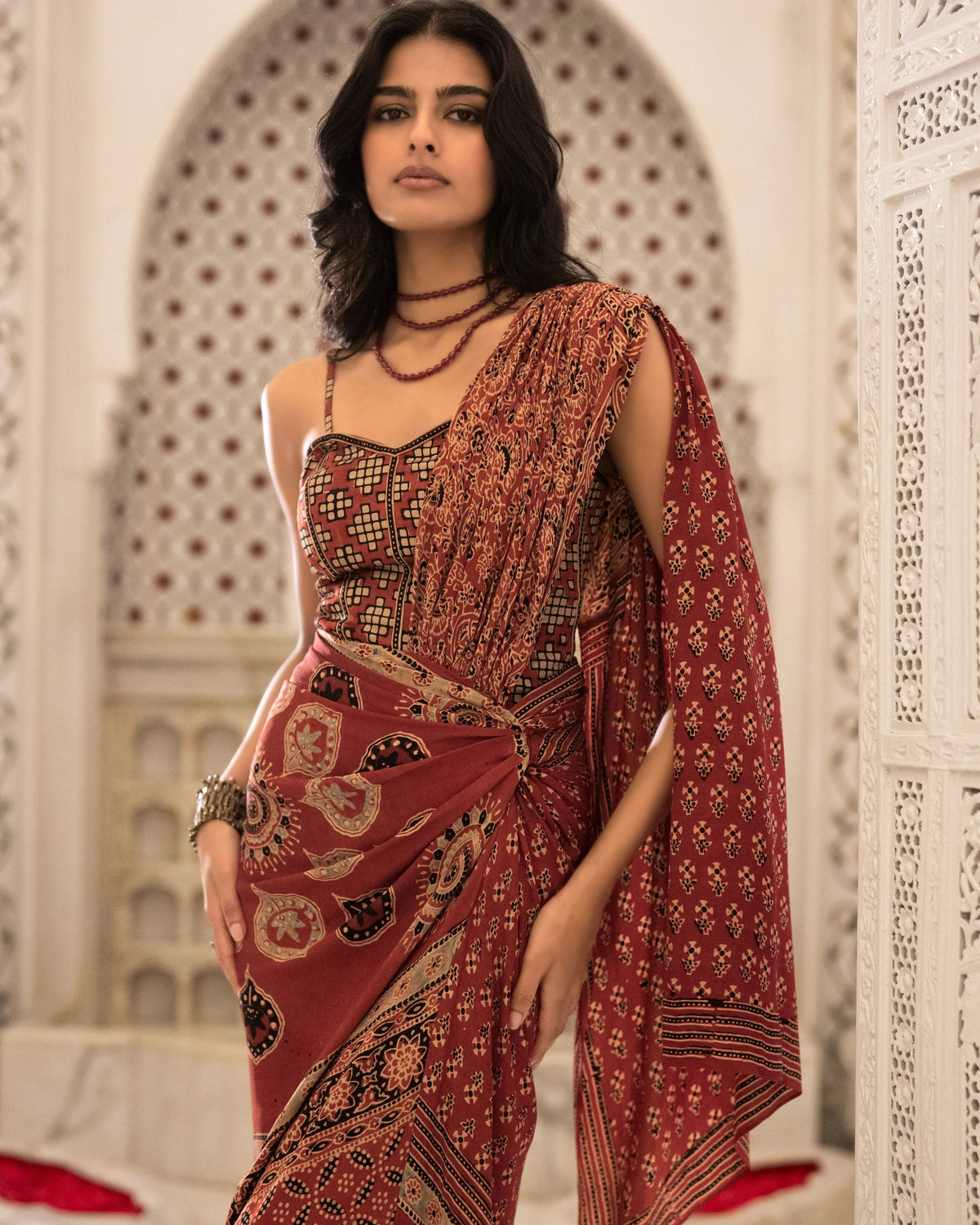 Rust Ajrakh Sari Skirt Set