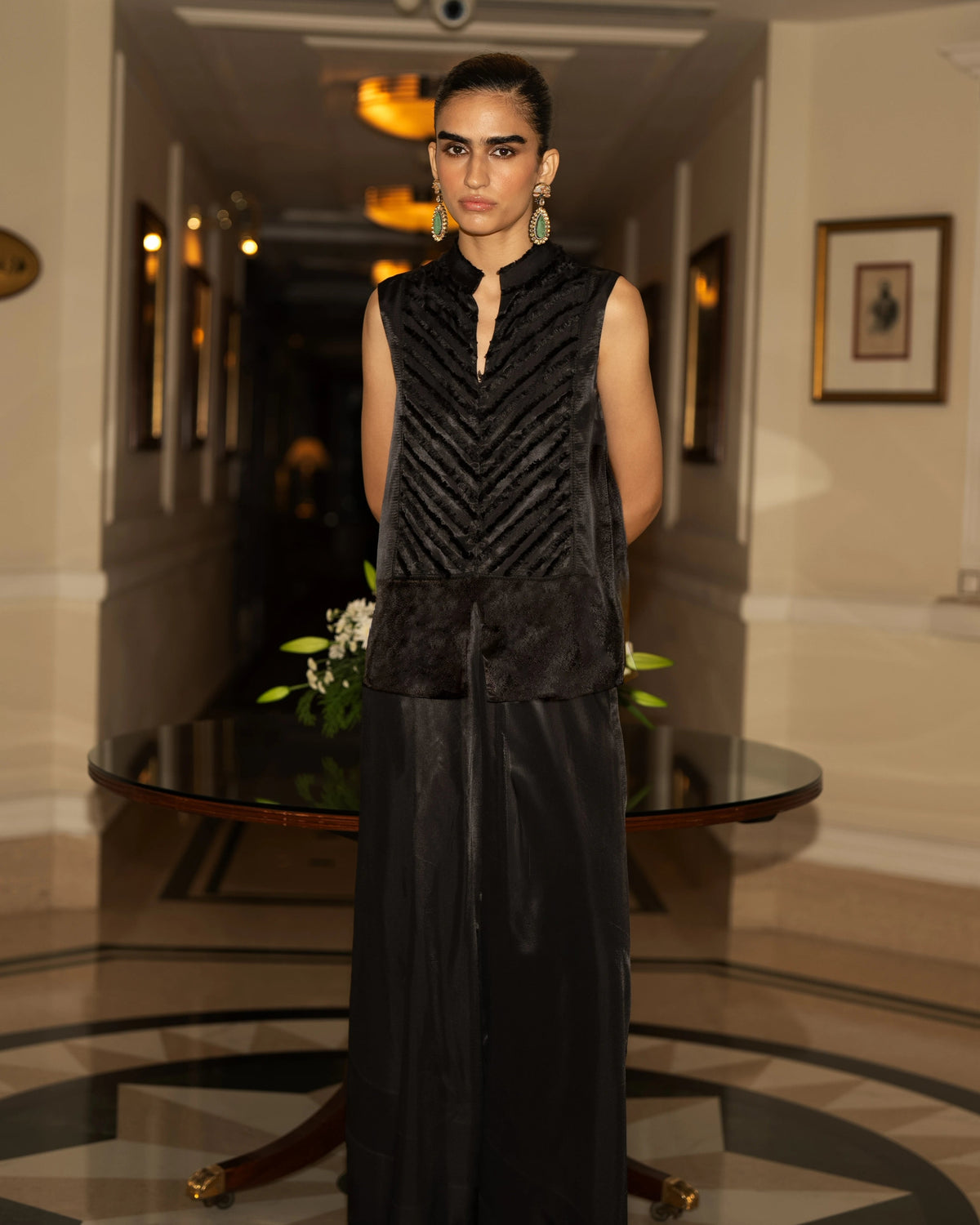 Black Textured Waistcoat Pant Set