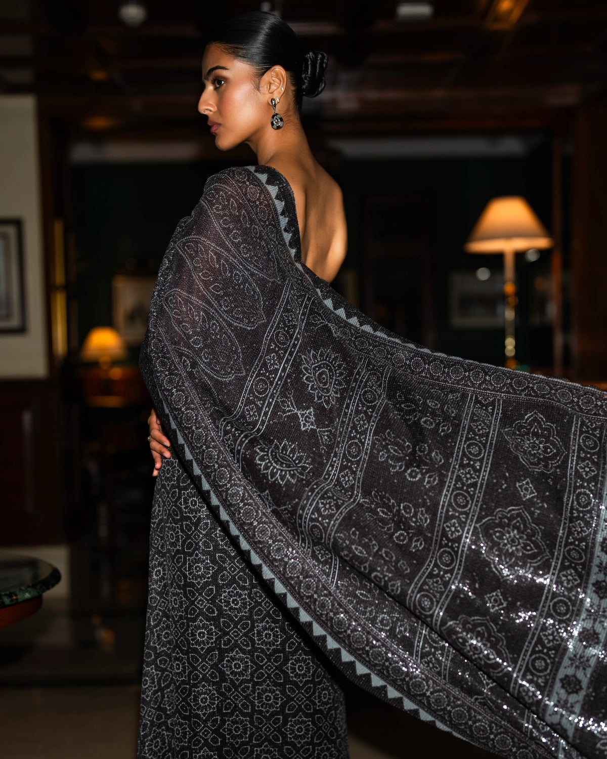 Monochrome Sequin Sari Drape Gown