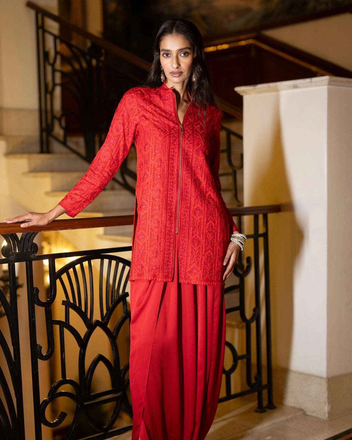 Red Embroidered Dhoti Pant Set