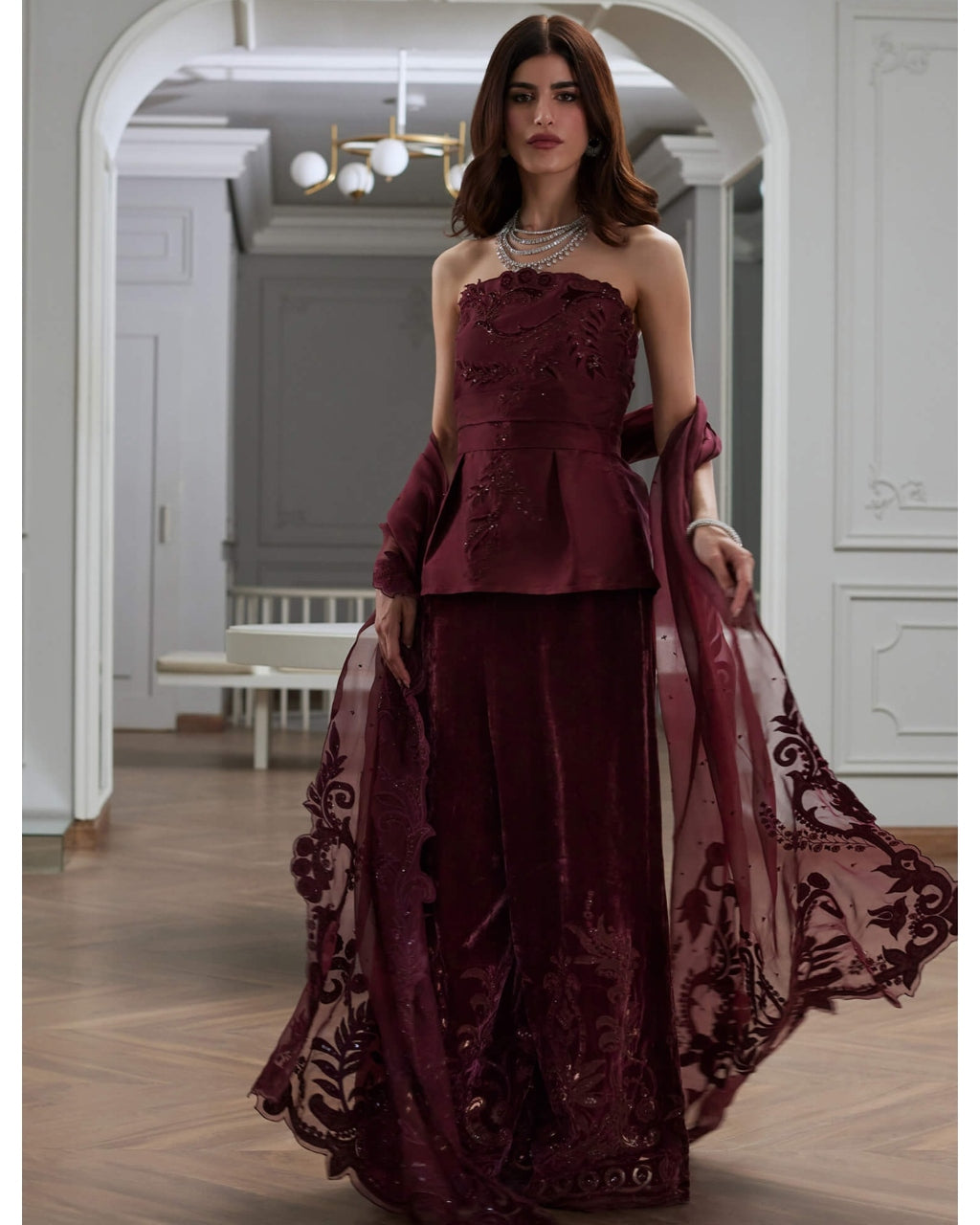 Violet Strapless Top, Palazzo & Dupatta Set
