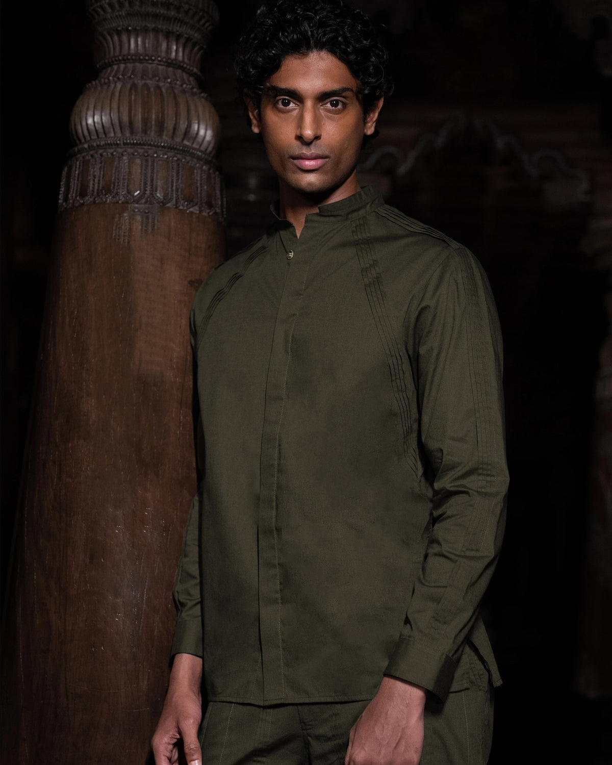 Olive Pintuck Shirt Set