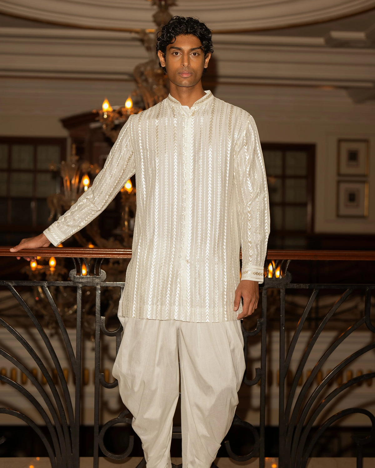 Ivory Embroidered Dhoti Three-Piece Set