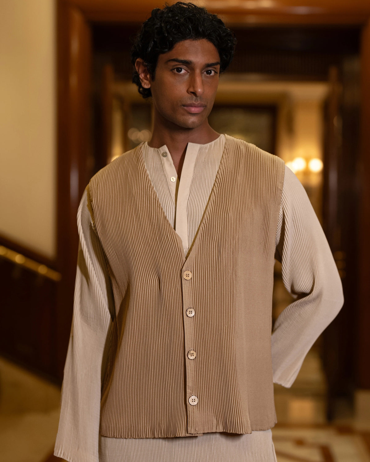 Sand Pleated Bandi Three-Piece Set