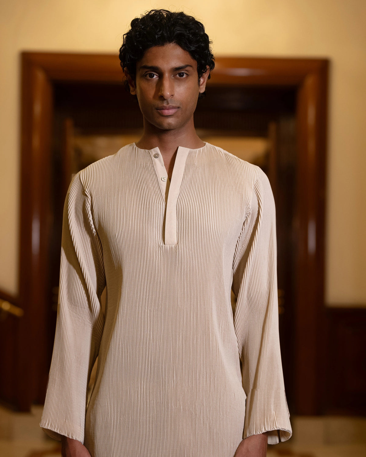 Beige Pleated Kurta Set