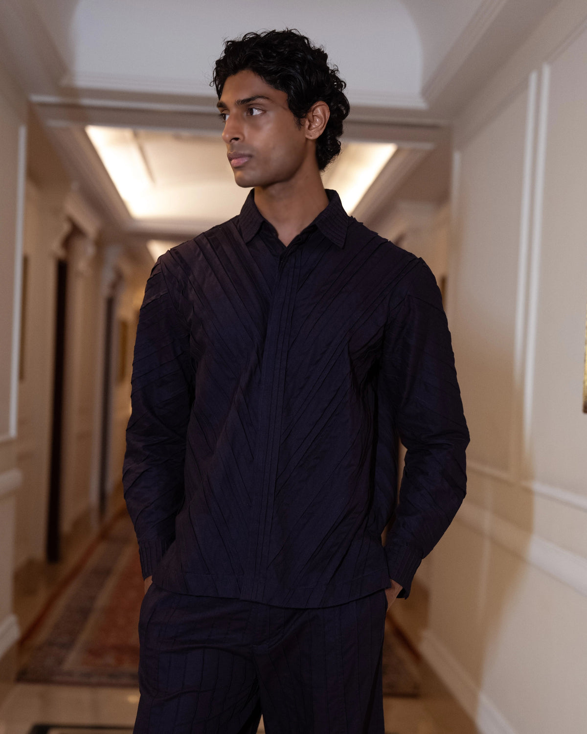 Navy Pintuck Barrel Shirt Set