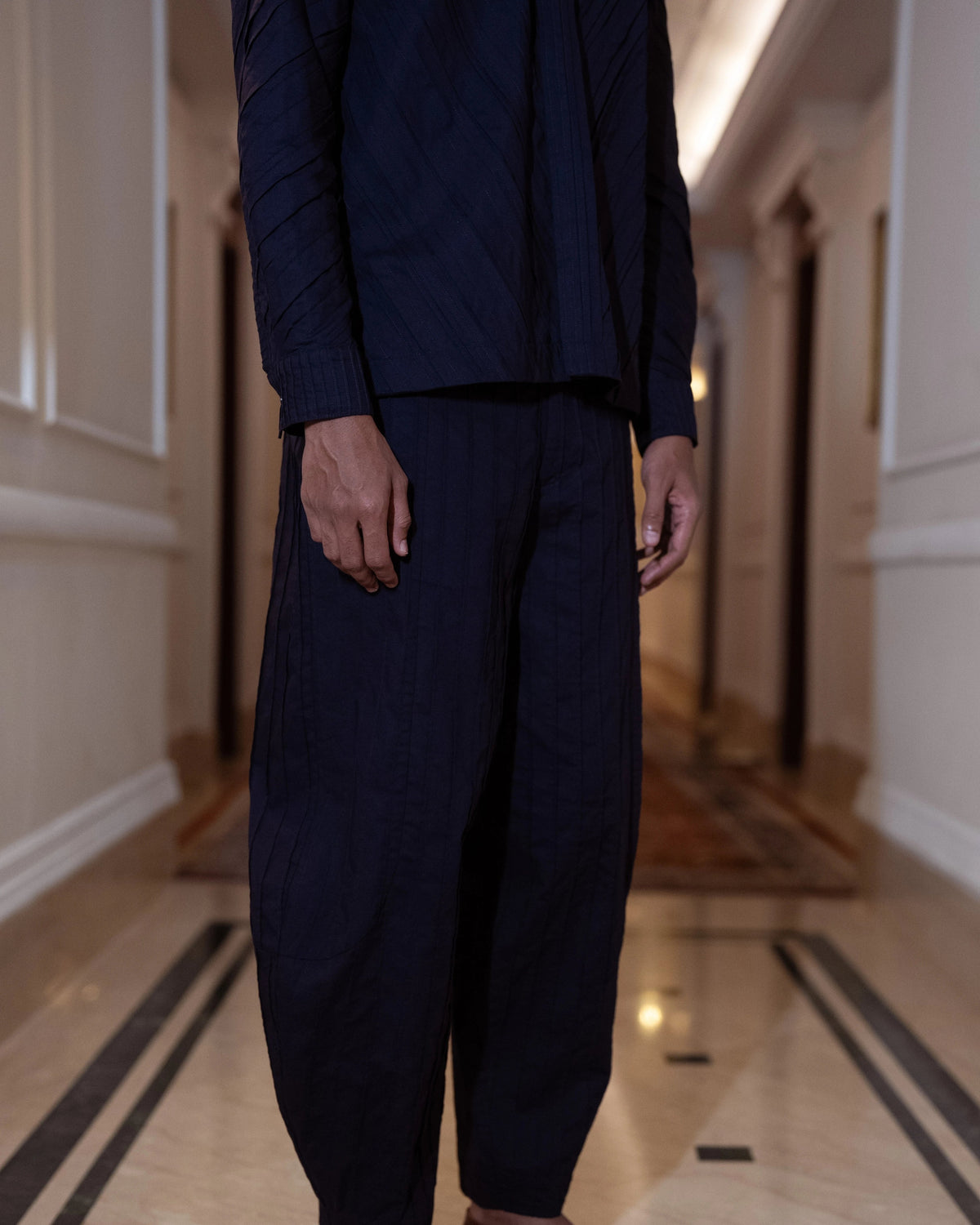 Navy Pintuck Barrel Shirt Set