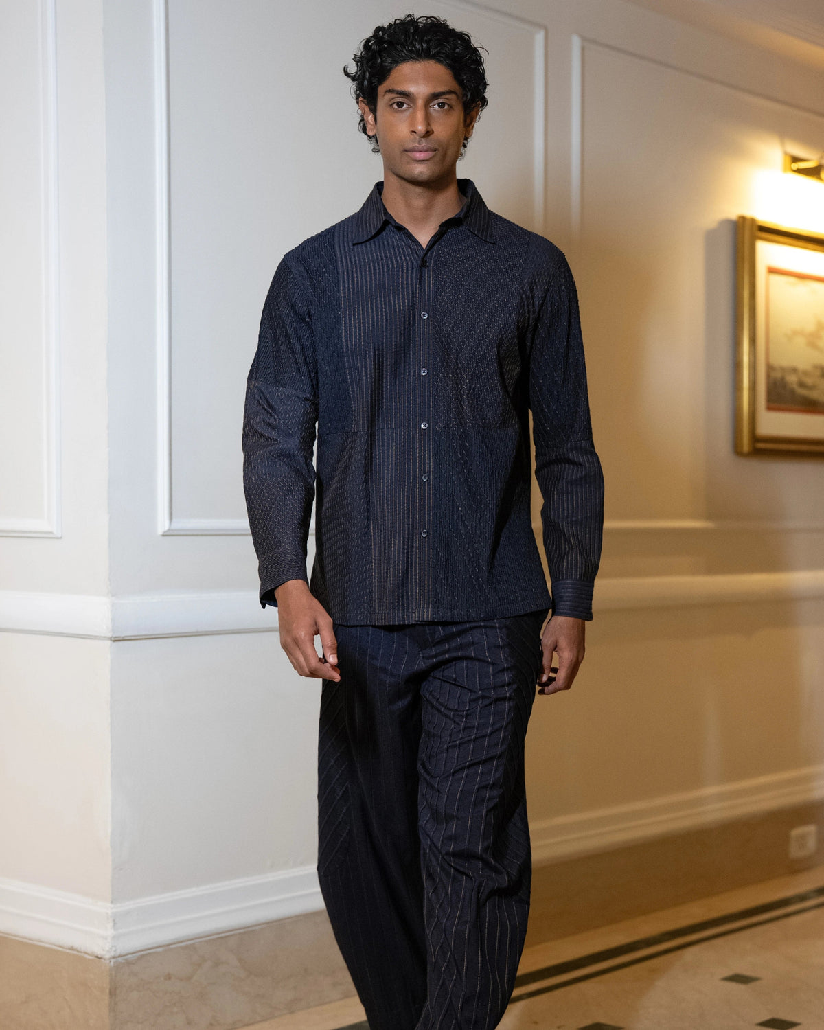 Navy Textured Pintuck Shirt & Pants