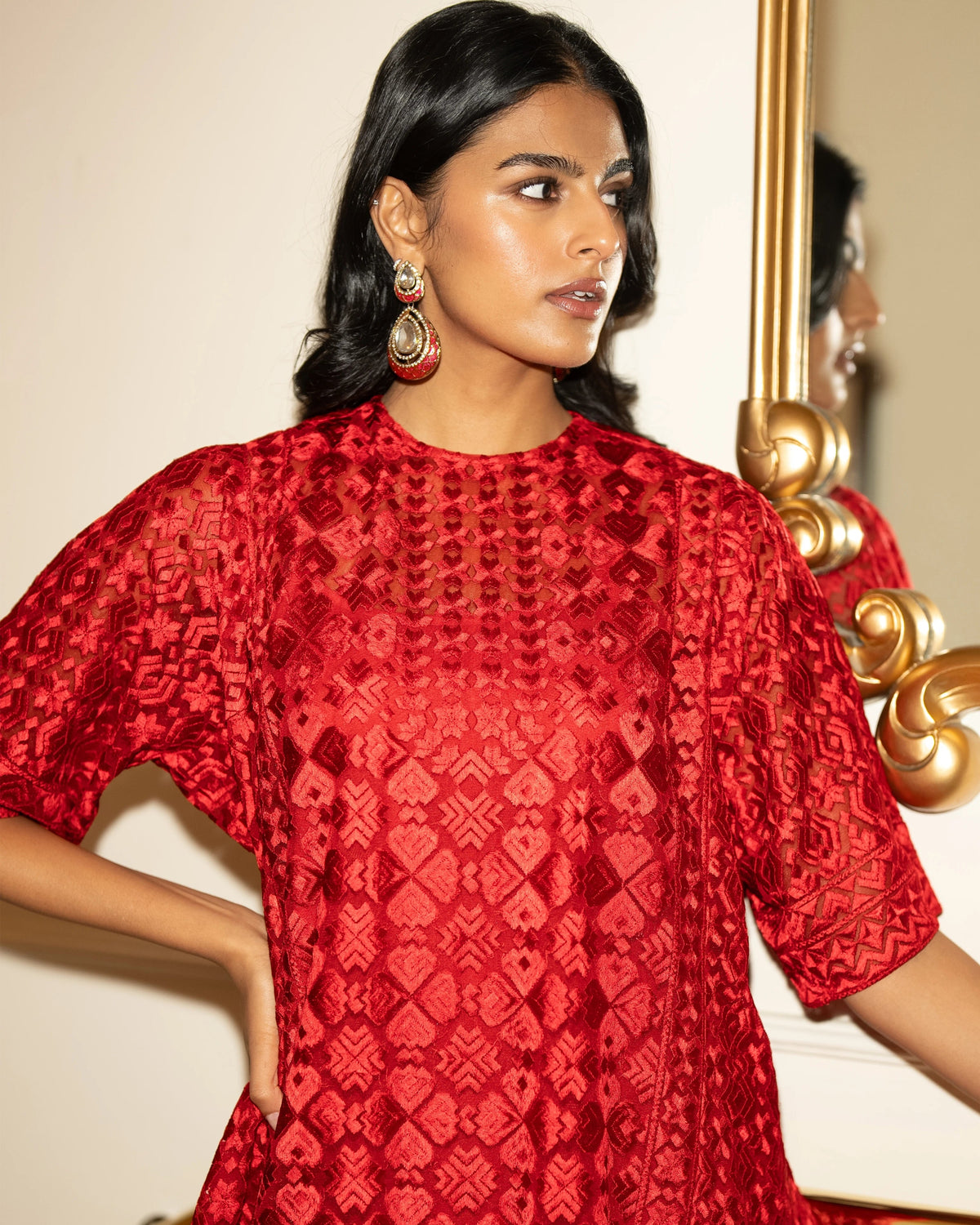 Red Embroidered Tulip Pant Set