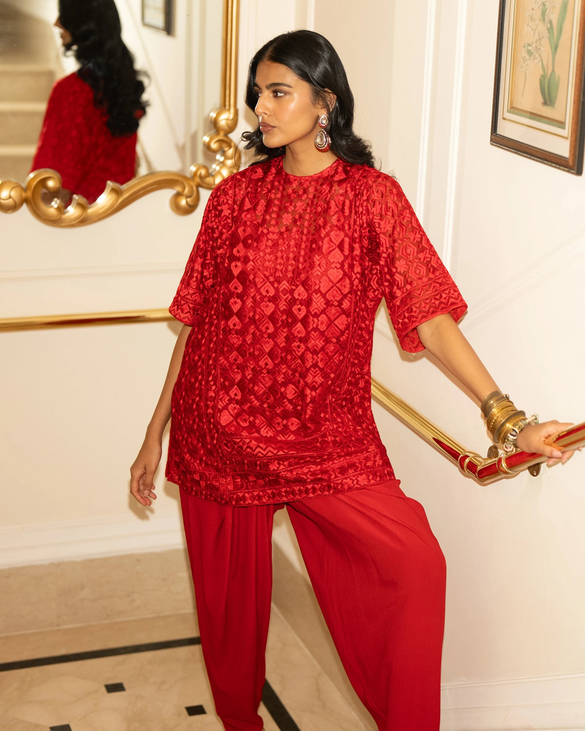 Red Embroidered Tulip Pant Set