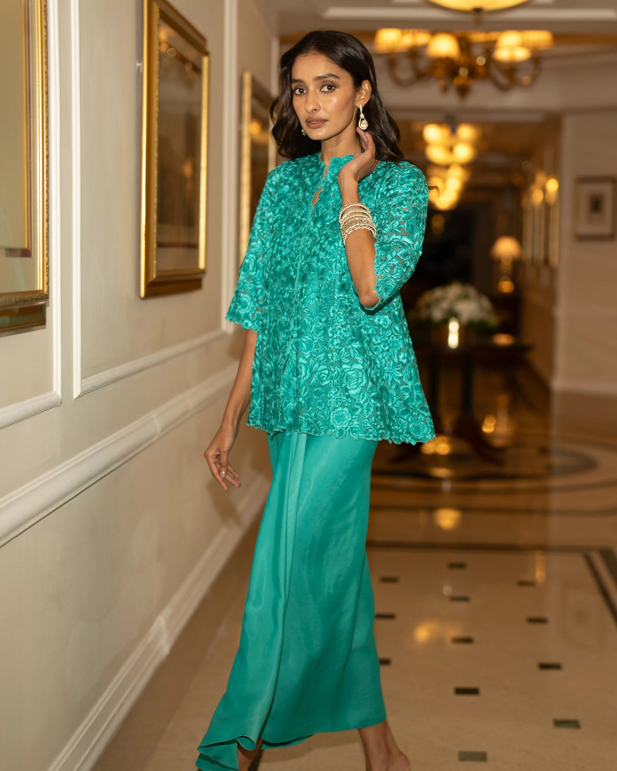 Aqua Embroidered Drape Skirt Set