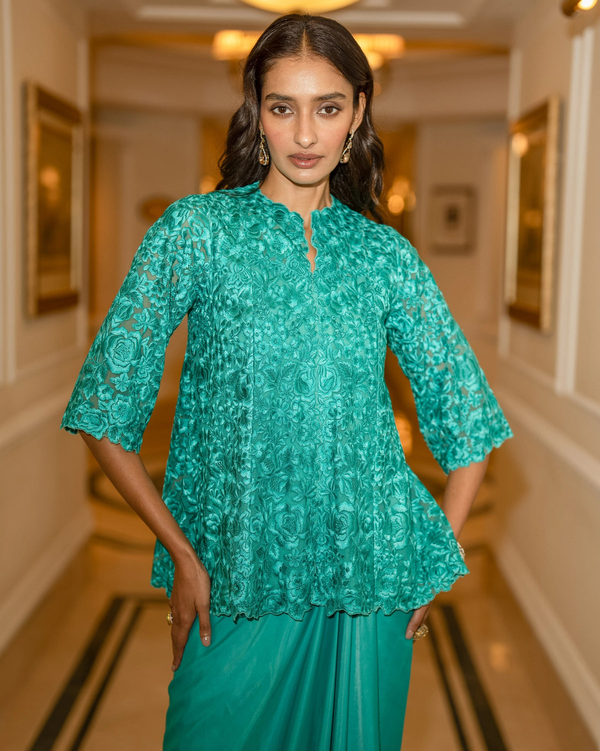 Aqua Embroidered Drape Skirt Set