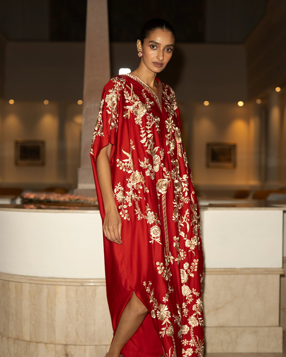 Red Gara Embroidered Kaftan Dress