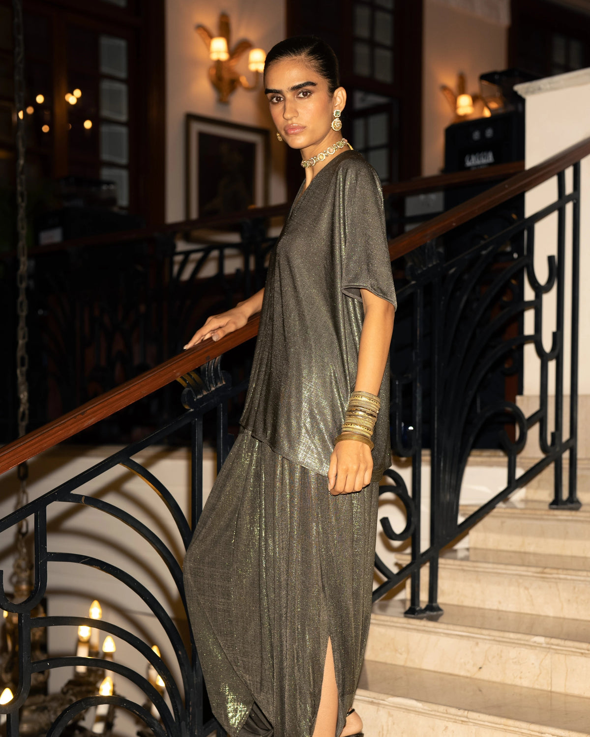 Pewter Lamé Drape Pant Set