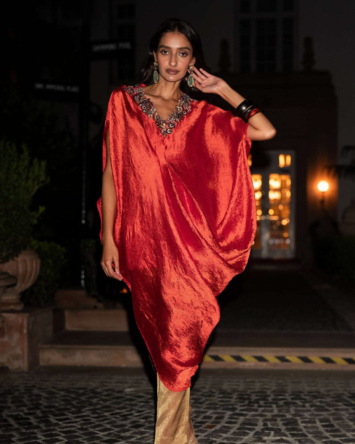 Rust Embroidered Kaftan Pant Set