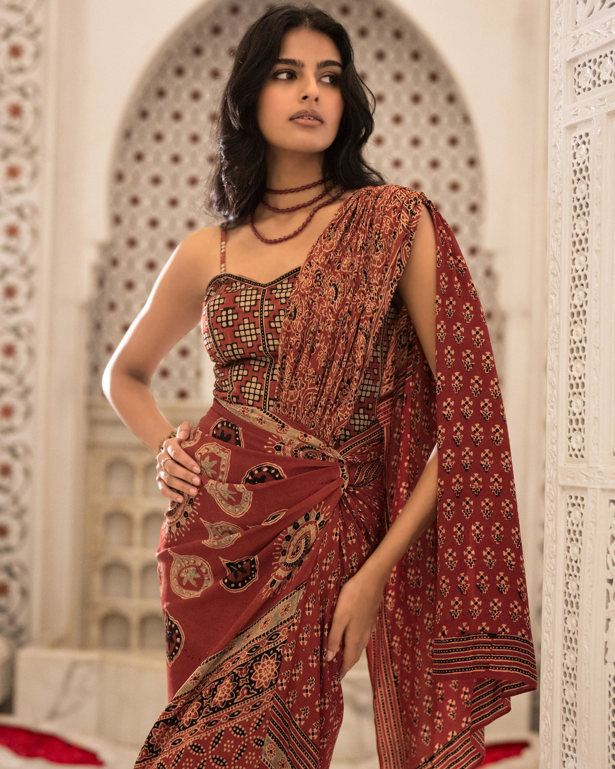 Rust Ajrakh Sari Skirt Set