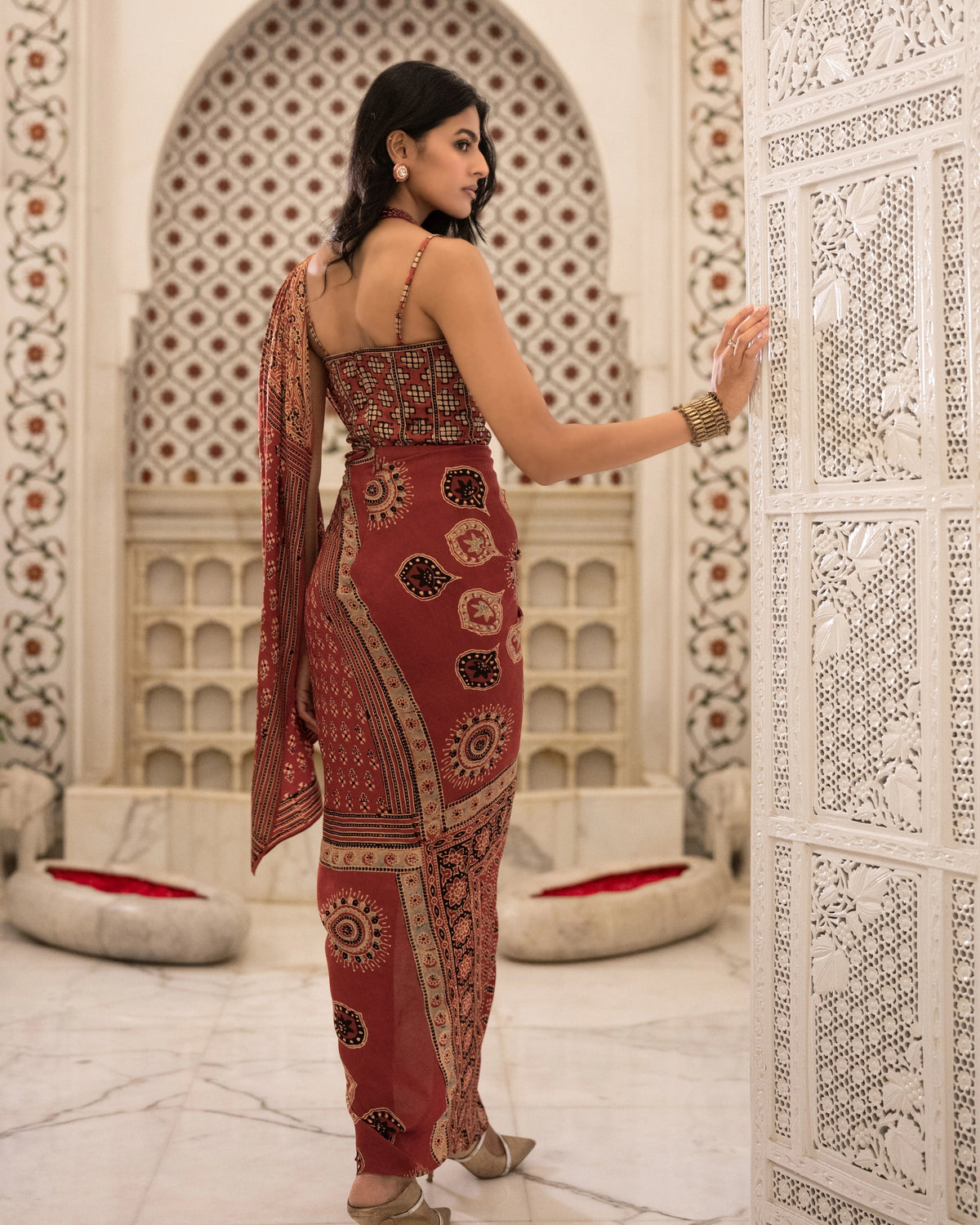 Rust Ajrakh Sari Skirt Set