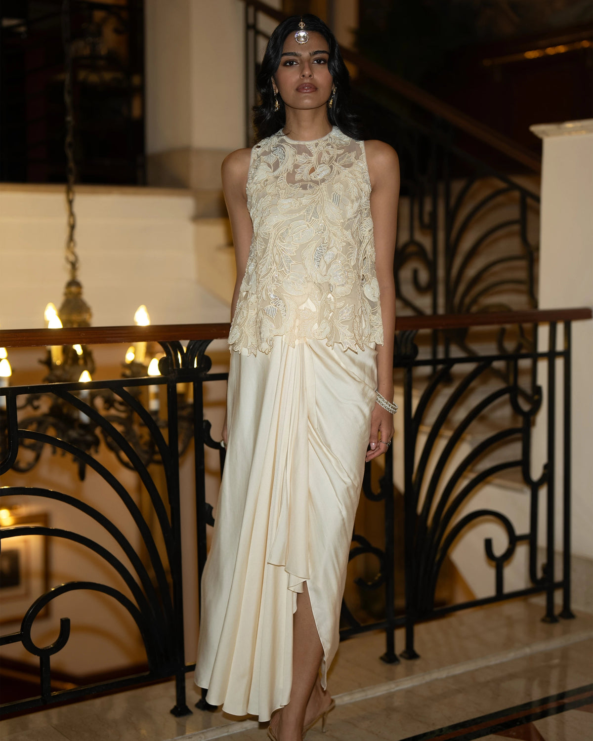 Ivory Embroidered Drape Skirt Set