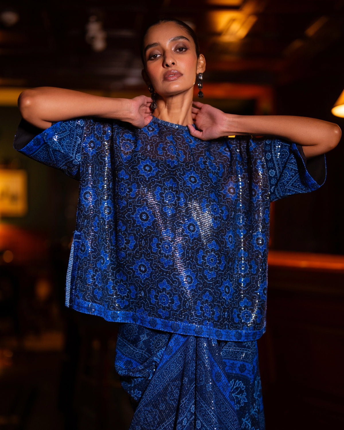 Blue Sequin Drape Skirt Set