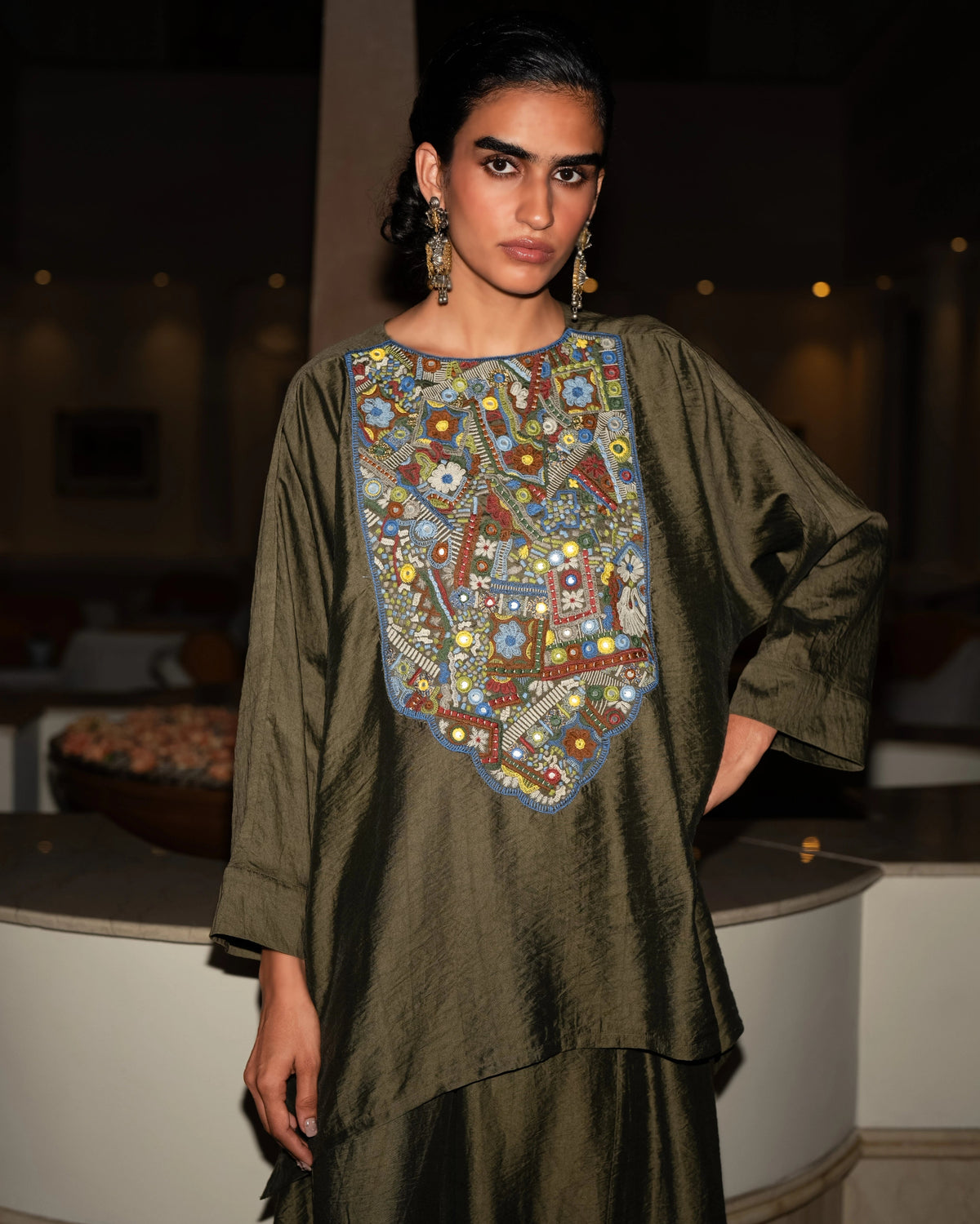 Olive Embroidered Barrel Pant Set