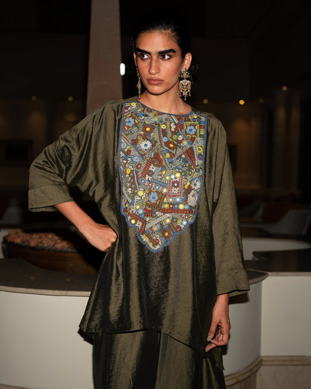 Olive Embroidered Barrel Pant Set