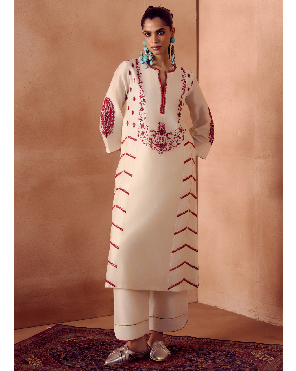 Ivory/Maroon Kurta Set