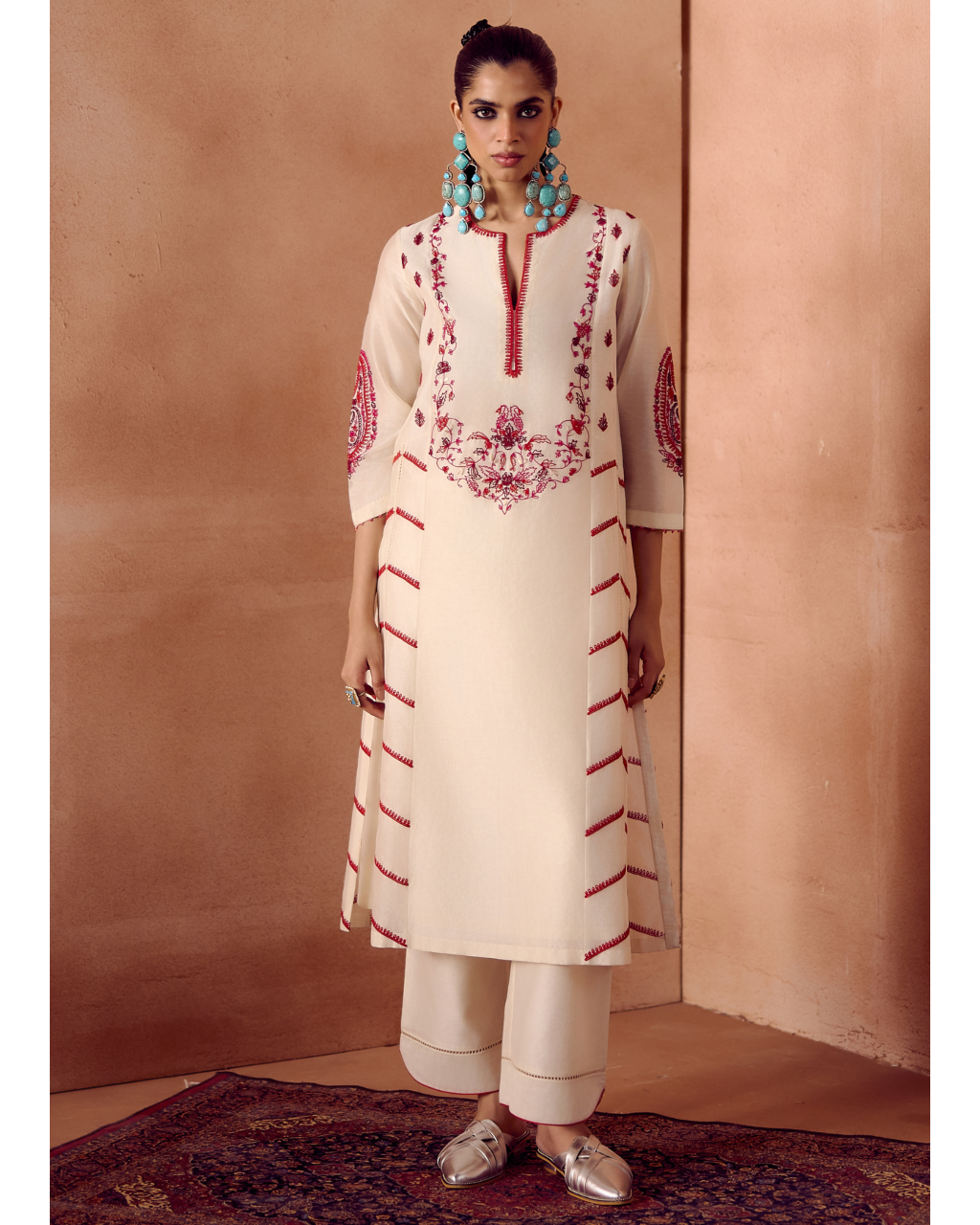 Ivory/Maroon Kurta Set