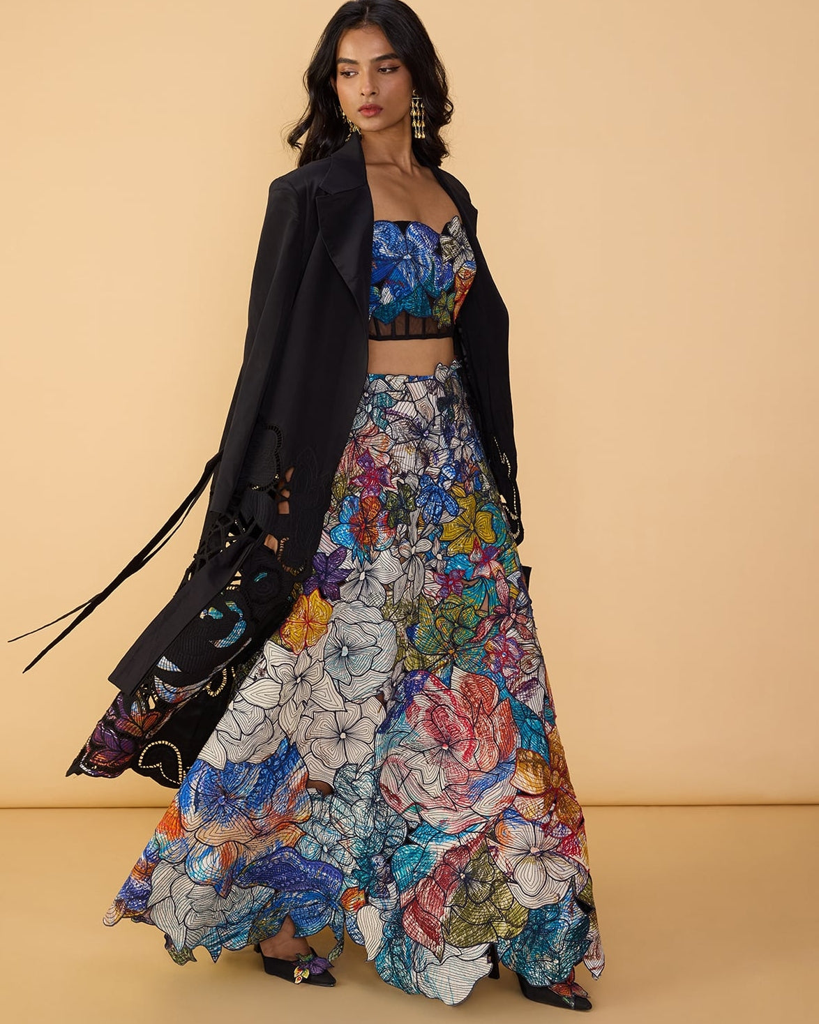 Denzel Trench & Larissa Corset Blouse With Zoya Lehenga Skirt