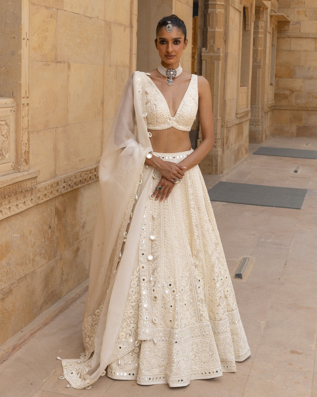 Vanilla Self Thread & Mirror Embroidered Lehenga Set