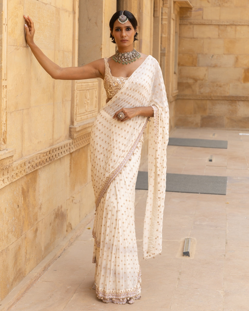 Vanilla Rosegold Embroidered Georgette Sari Set
