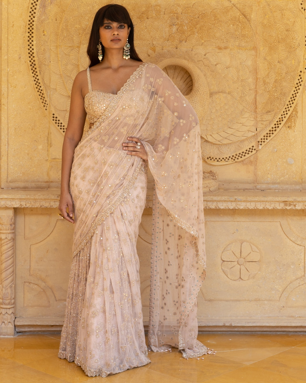 Dusty Pink with Rose Gold Embroidery Sari Set