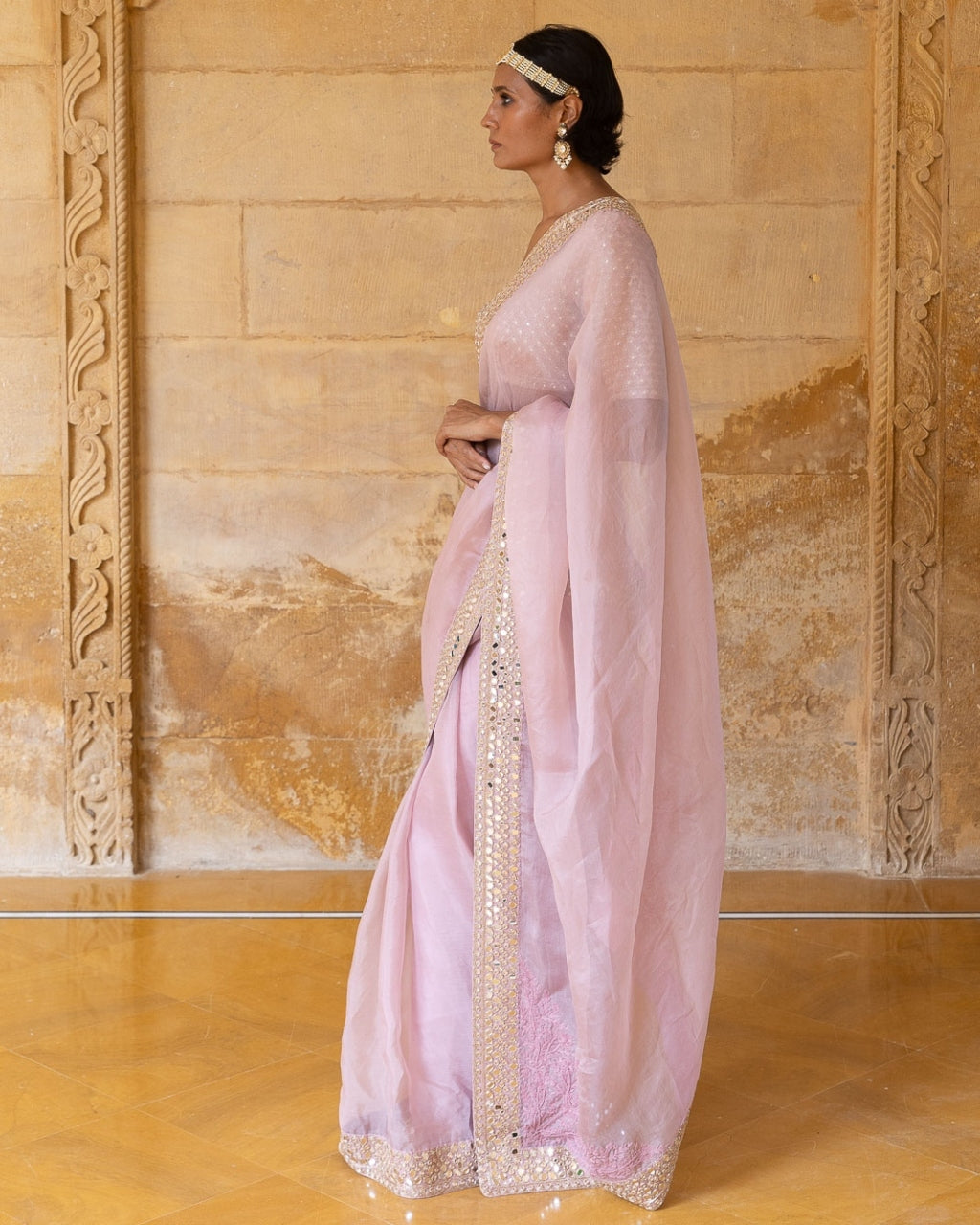 Baby Orchid Mirror And Sequins Embroidered Organza Sari Set