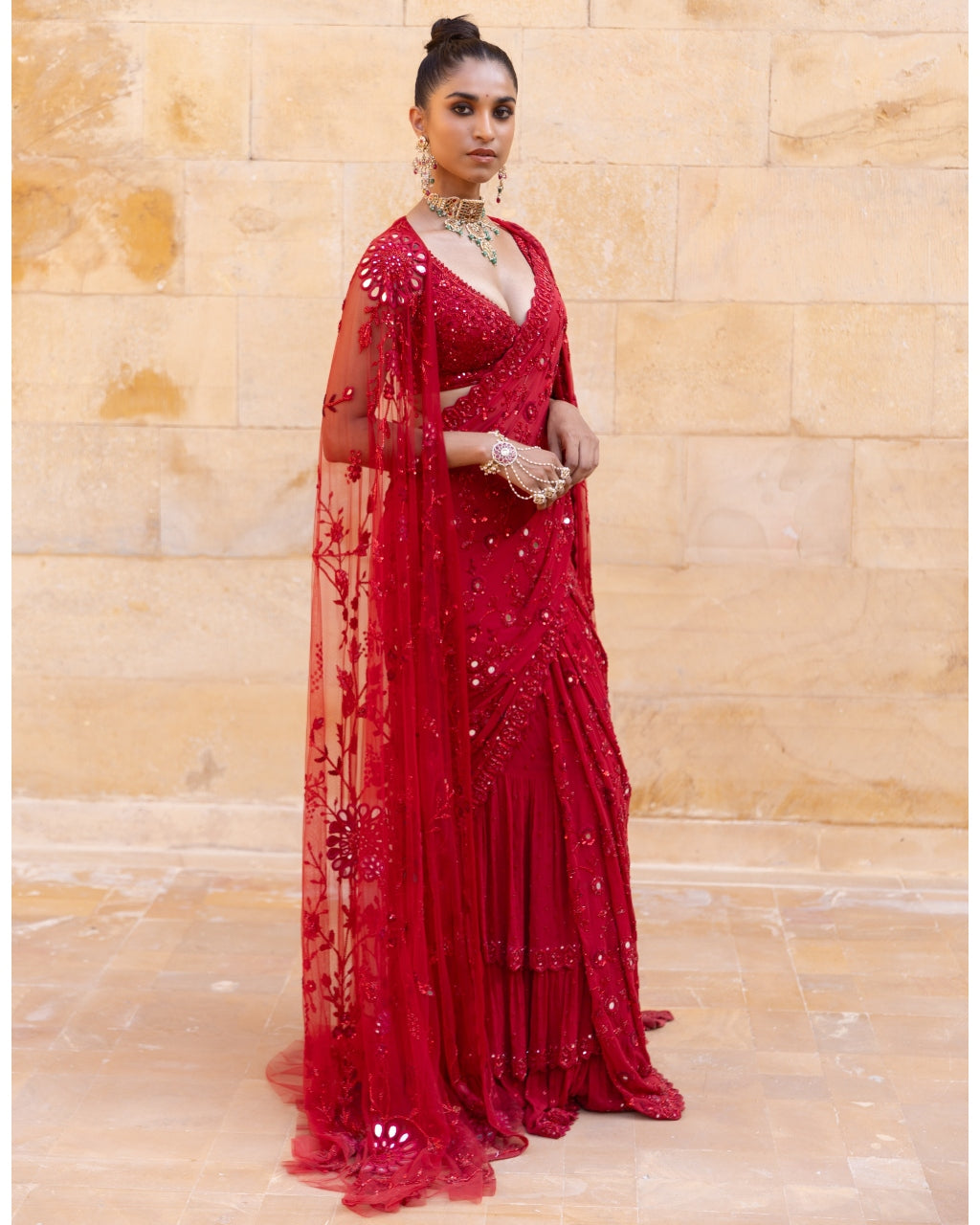 Red Embroidered Cape And Sari Set