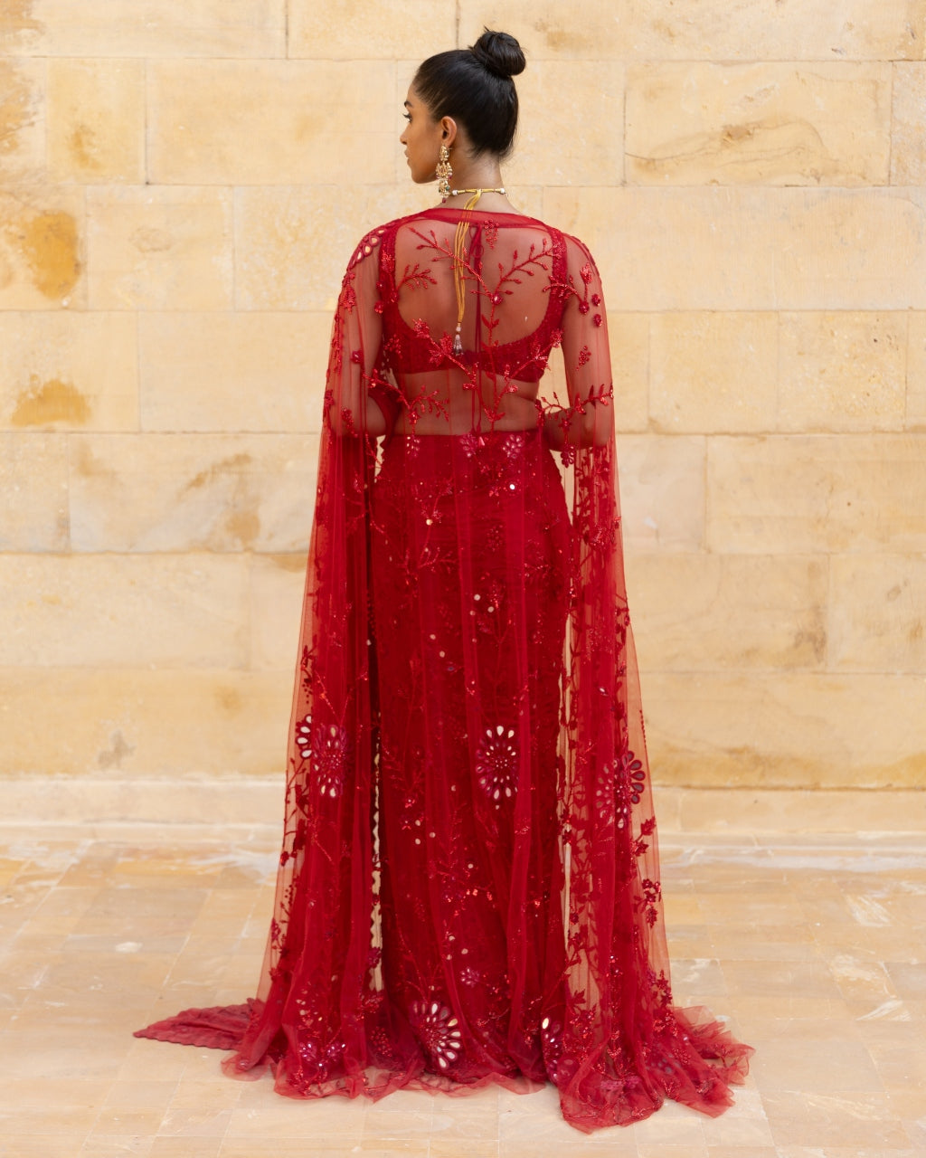 Red Embroidered Cape And Sari Set