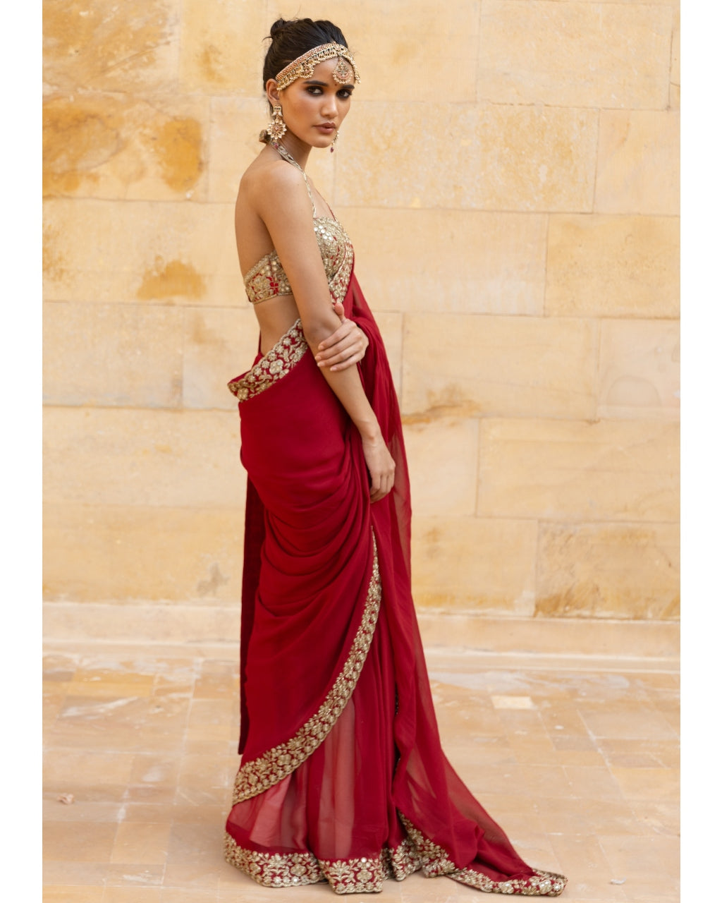 Classic Red Sari Halter Neck Blouse Set Arpita Mehta XL 44
