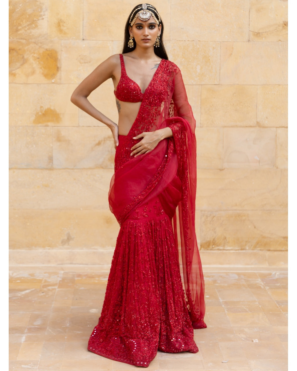 Red Embroidered Mermaid Sleeveless Sari Set