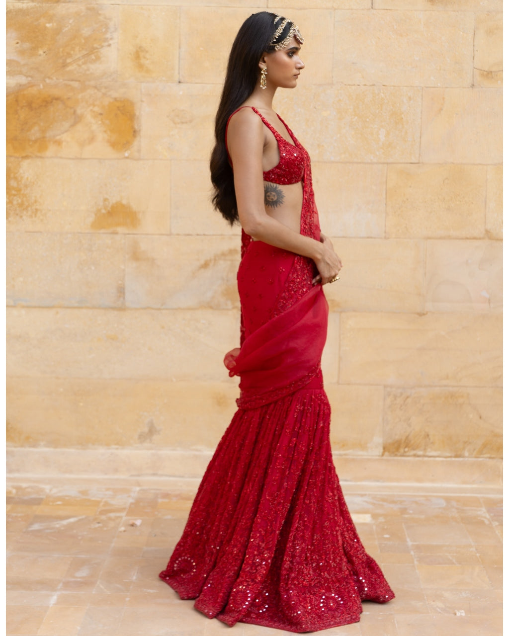 Red Embroidered Mermaid Sleeveless Sari Set